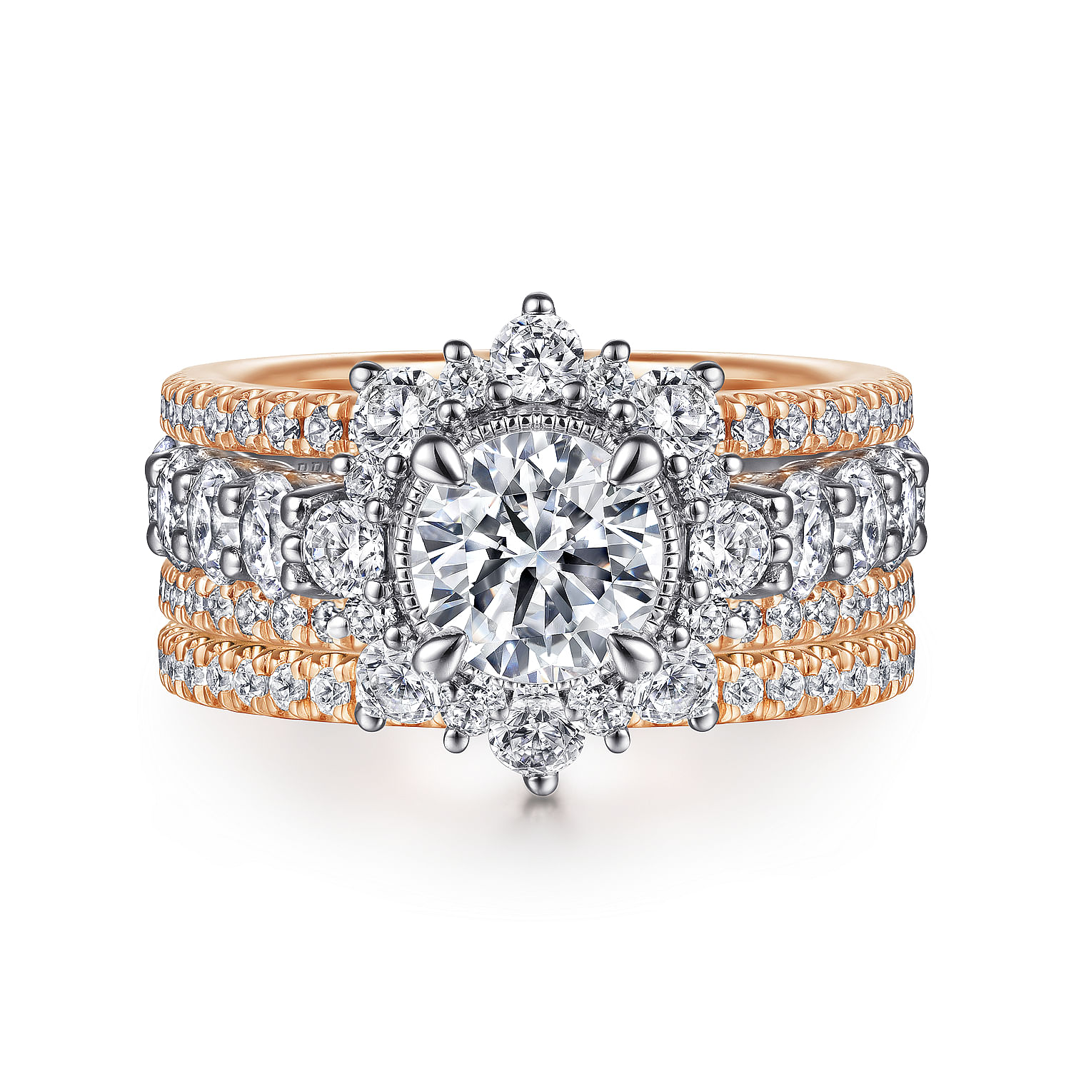 14K White-Rose Gold Fancy Halo Round Diamond Engagement Ring