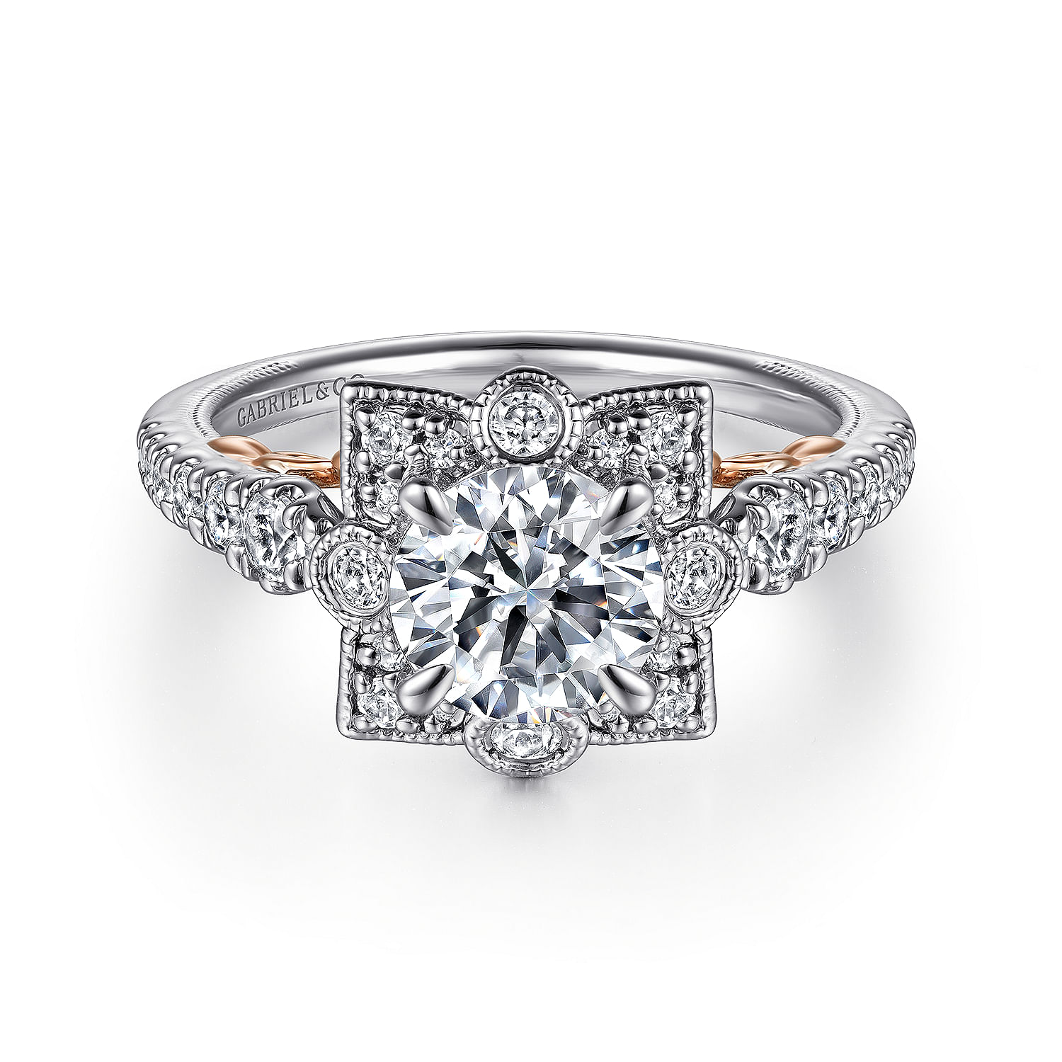 Gabriel - 14K White-Rose Gold Fancy Halo Round Diamond Engagement Ring