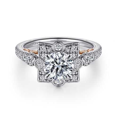 14K White-Rose Gold Fancy Halo Round Diamond Engagement Ring
