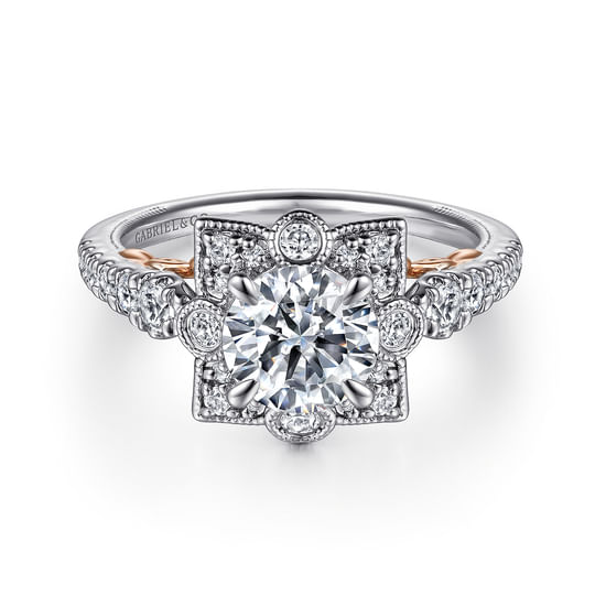 Gabriel - 14K White-Rose Gold Fancy Halo Round Diamond Engagement Ring
