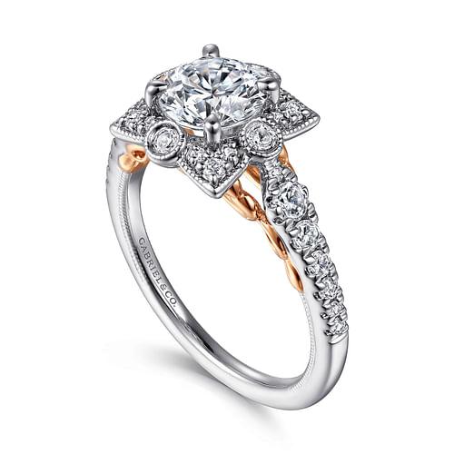 14K White-Rose Gold Fancy Halo Round Diamond Engagement Ring