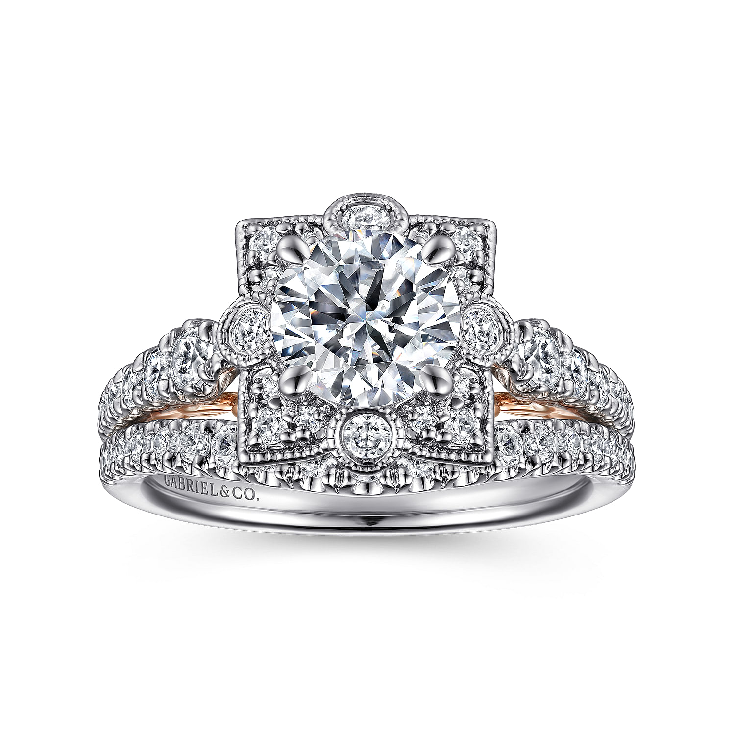 14K White-Rose Gold Fancy Halo Round Diamond Engagement Ring
