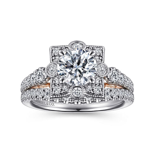 14K White-Rose Gold Fancy Halo Round Diamond Engagement Ring
