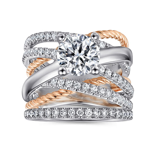 14K White-Rose Gold Free Form Round Diamond Engagement Ring