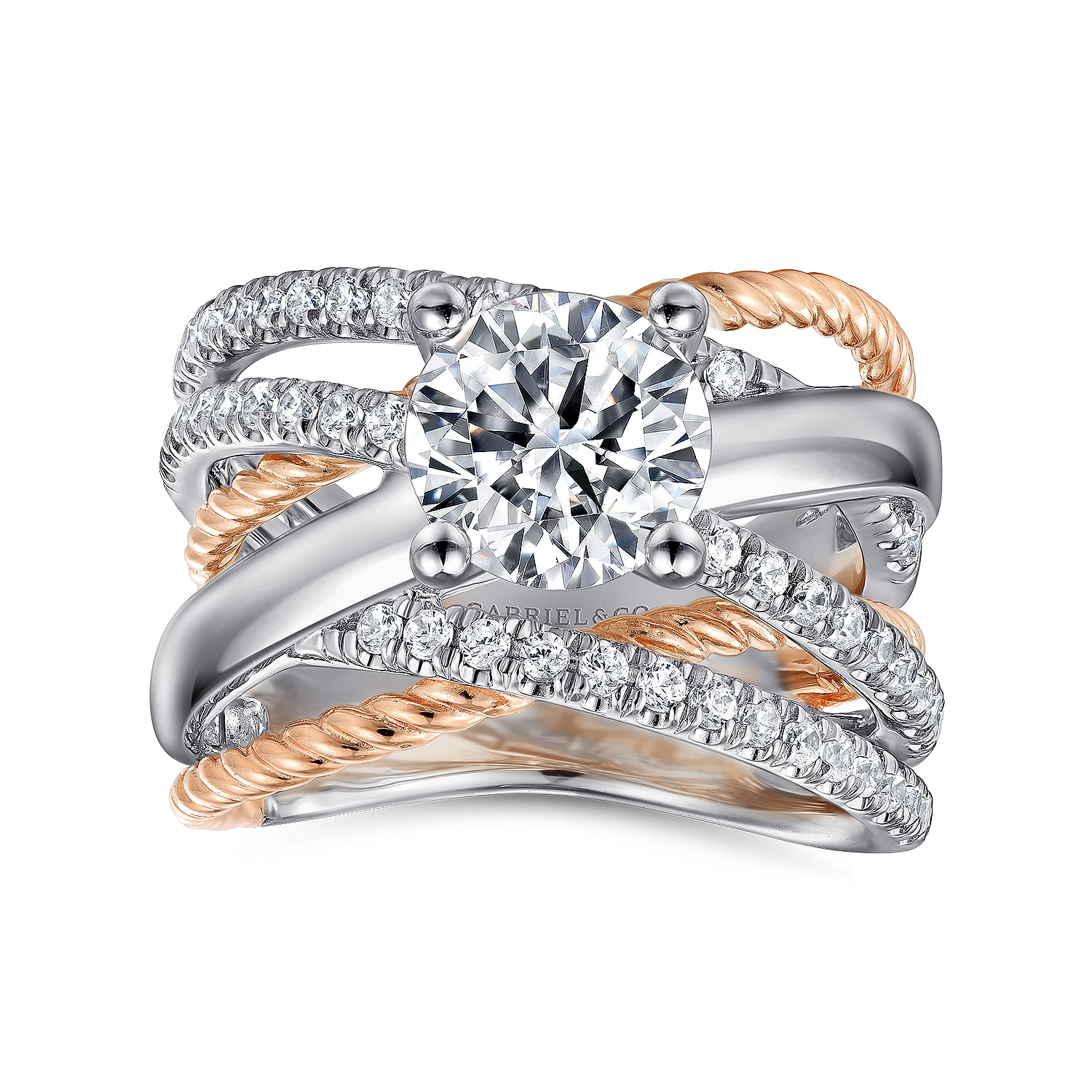 14K White-Rose Gold Free Form Round Diamond Engagement Ring