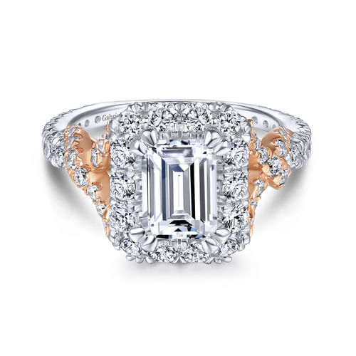 14K White-Rose Gold Halo Emerald Cut Diamond Engagement Ring