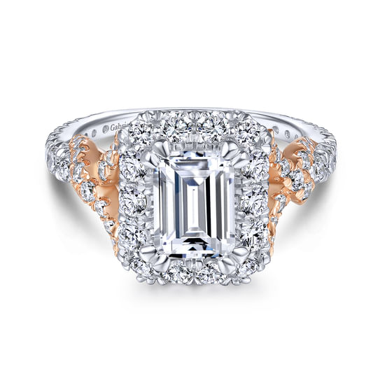 Gabriel - 14K White-Rose Gold Halo Emerald Cut Diamond Engagement Ring