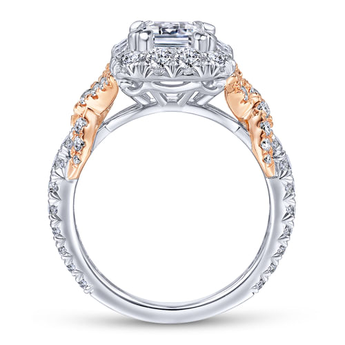 14K White-Rose Gold Halo Emerald Cut Diamond Engagement Ring