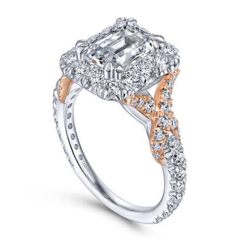 14K White-Rose Gold Halo Emerald Cut Diamond Engagement Ring