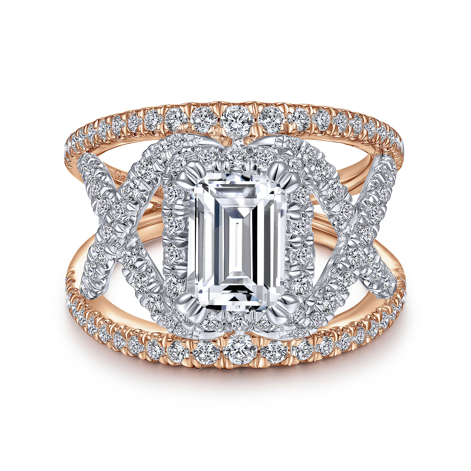 14K White-Rose Gold Halo Emerald Cut Diamond Engagement Ring
