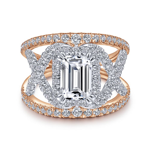14K White-Rose Gold Halo Emerald Cut Diamond Engagement Ring
