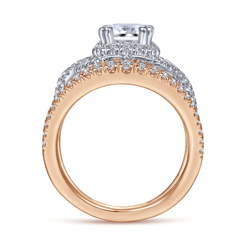 14K White-Rose Gold Halo Emerald Cut Diamond Engagement Ring