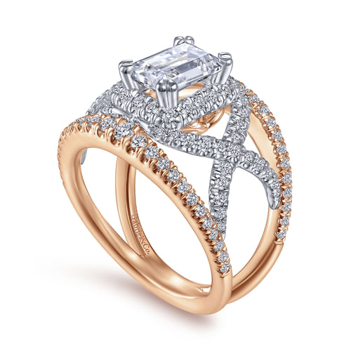 14K White-Rose Gold Halo Emerald Cut Diamond Engagement Ring