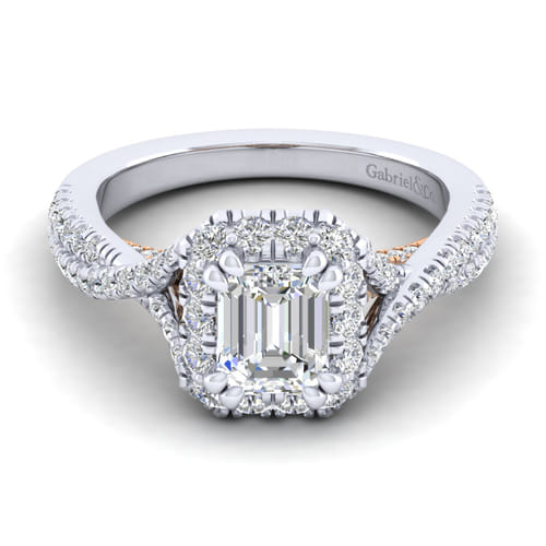 14K White-Rose Gold Halo Emerald Cut Diamond Engagement Ring