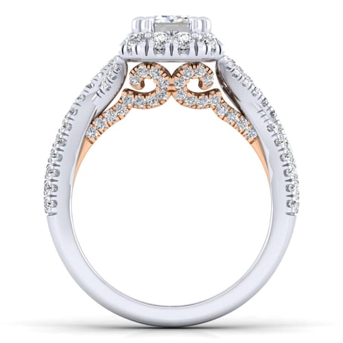 14K White-Rose Gold Halo Emerald Cut Diamond Engagement Ring