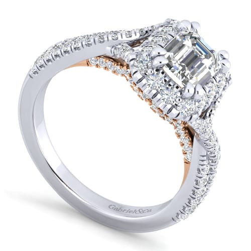 14K White-Rose Gold Halo Emerald Cut Diamond Engagement Ring