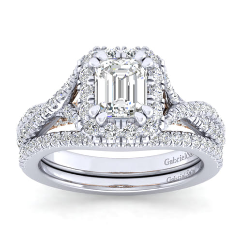 14K White-Rose Gold Halo Emerald Cut Diamond Engagement Ring