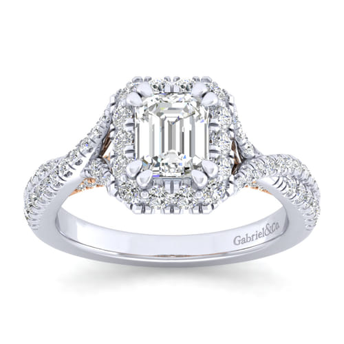 14K White-Rose Gold Halo Emerald Cut Diamond Engagement Ring