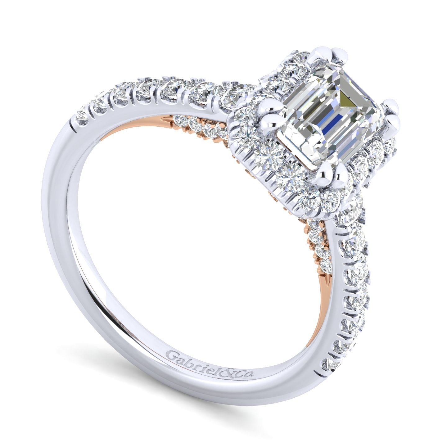 14K White-Rose Gold Halo Emerald Cut Diamond Engagement Ring