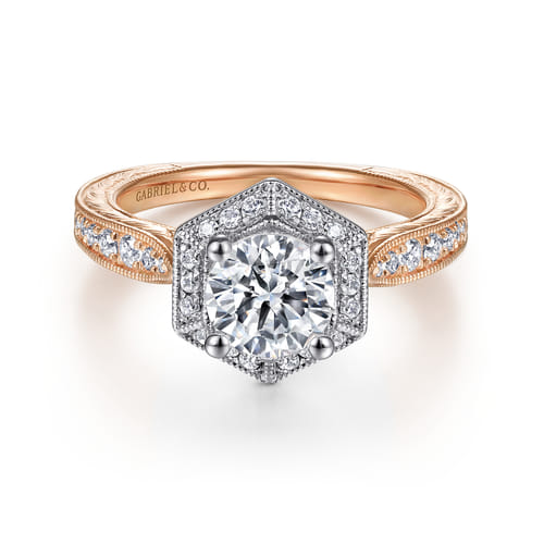 14K White-Rose Gold Hexagonal Halo Round Diamond Engagement Ring