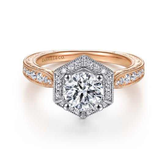 Gabriel - 14K White-Rose Gold Hexagonal Halo Round Diamond Engagement Ring