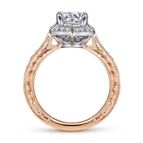 14K White-Rose Gold Hexagonal Halo Round Diamond Engagement Ring