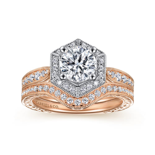 14K White-Rose Gold Hexagonal Halo Round Diamond Engagement Ring