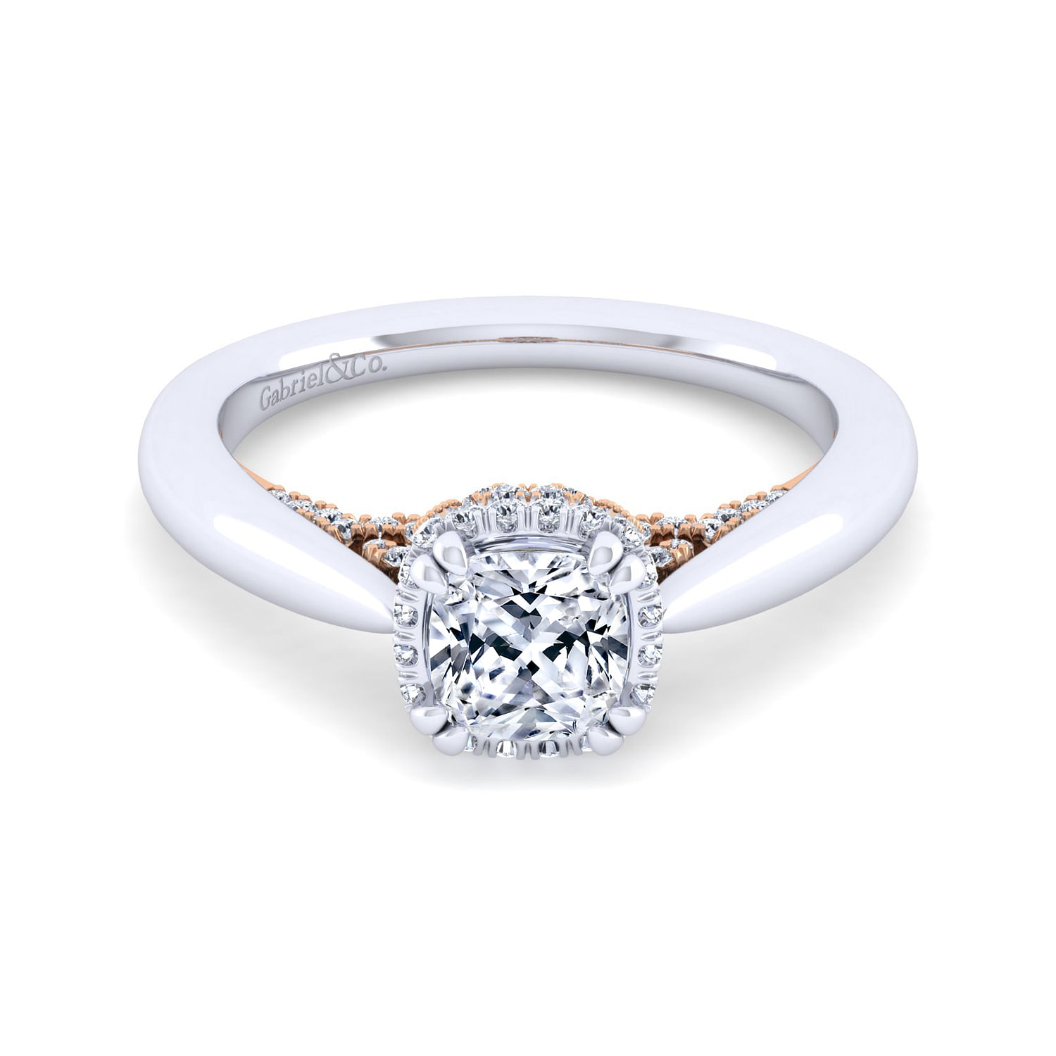 14K White-Rose Gold Hidden Halo Cushion Cut Diamond Engagement Ring