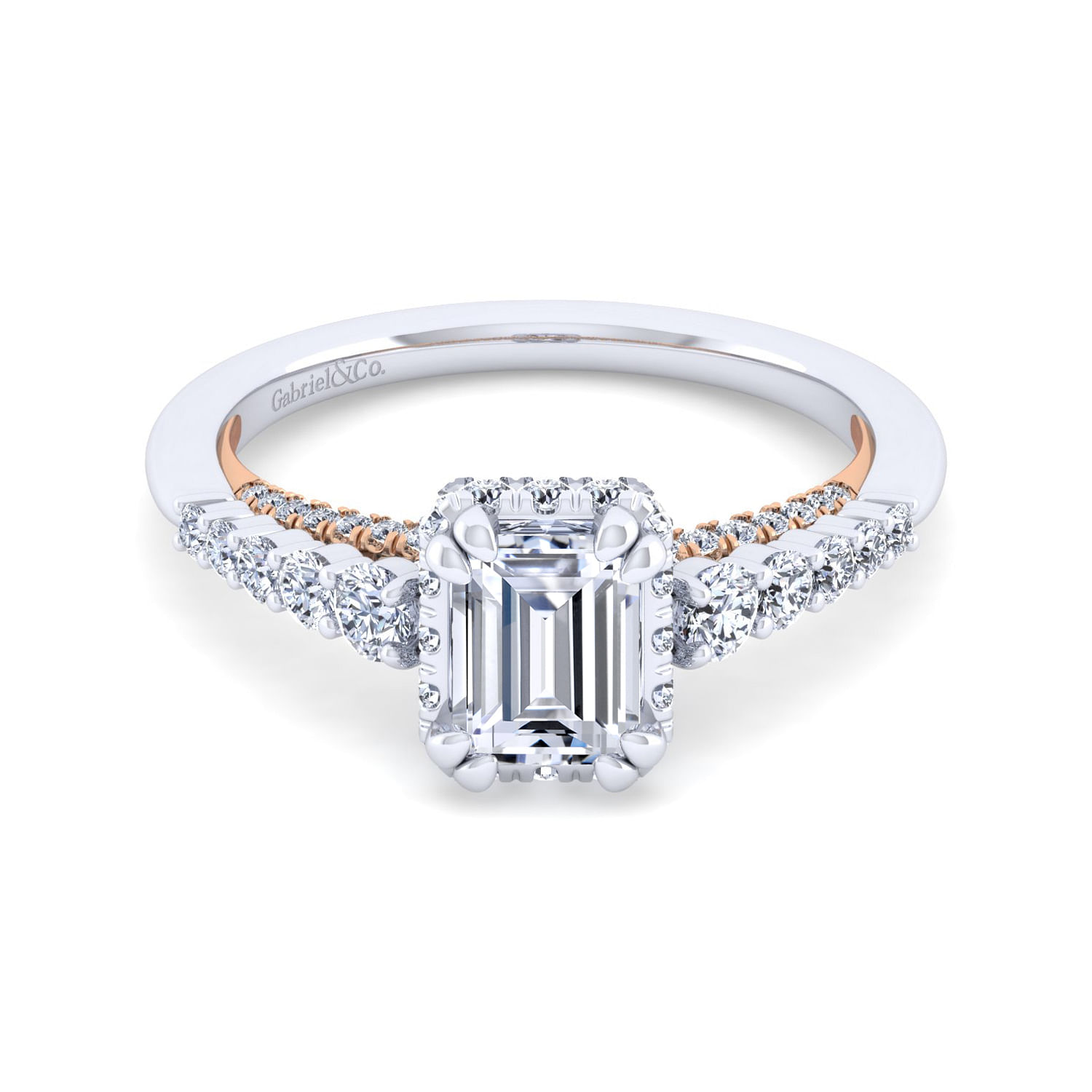 14K White-Rose Gold Hidden Halo Emerald Cut Diamond Engagement Ring