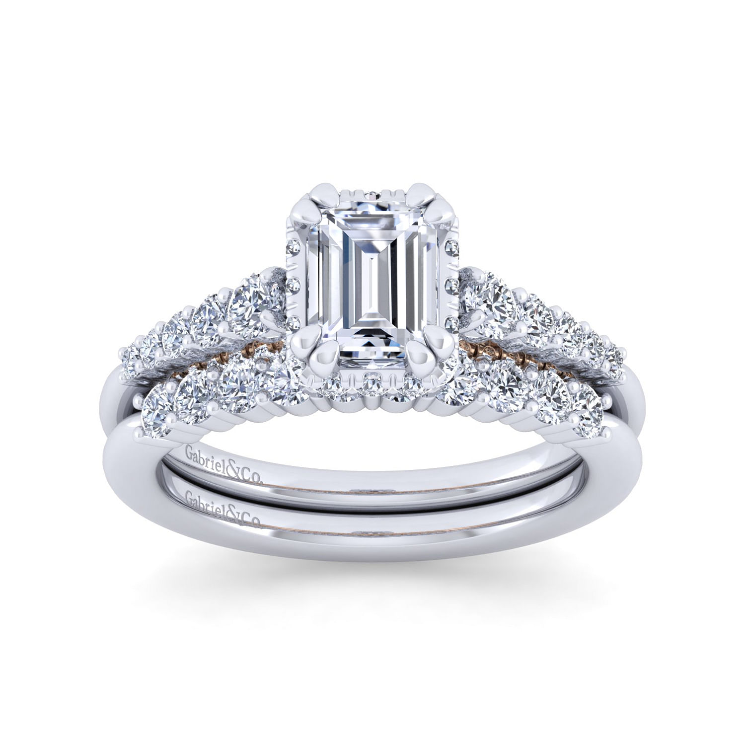 14K White-Rose Gold Hidden Halo Emerald Cut Diamond Engagement Ring