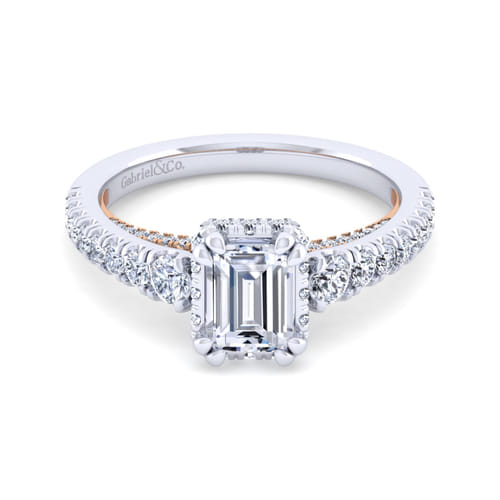 14K White-Rose Gold Hidden Halo Emerald Cut Diamond Engagement Ring