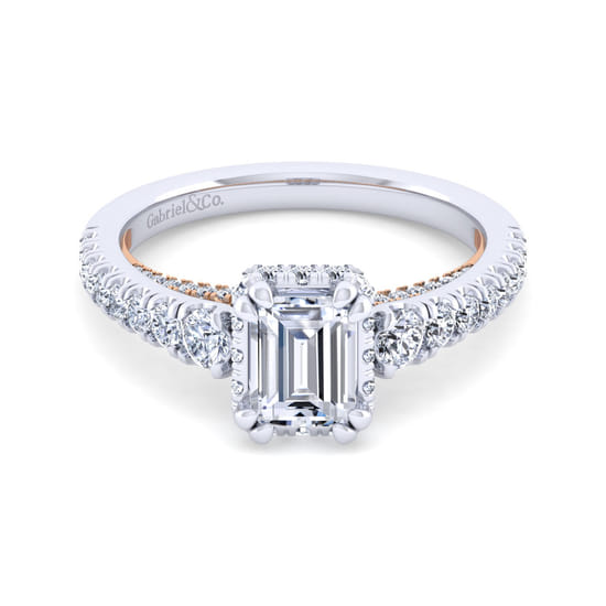Gabriel - 14K White-Rose Gold Hidden Halo Emerald Cut Diamond Engagement Ring