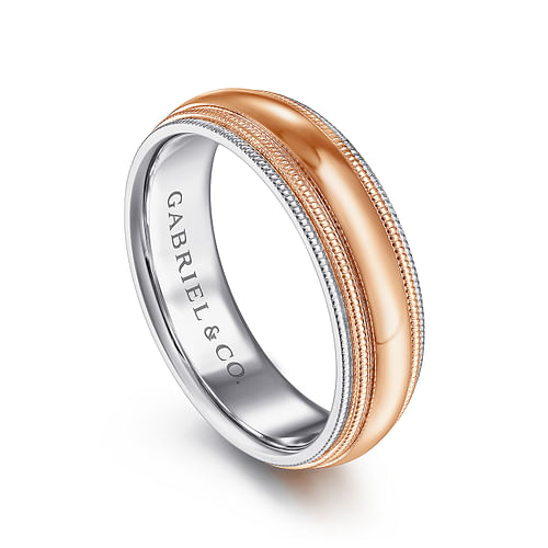 14K White-Rose Gold High Polish Men's Wedding Band with Milgrain Edge