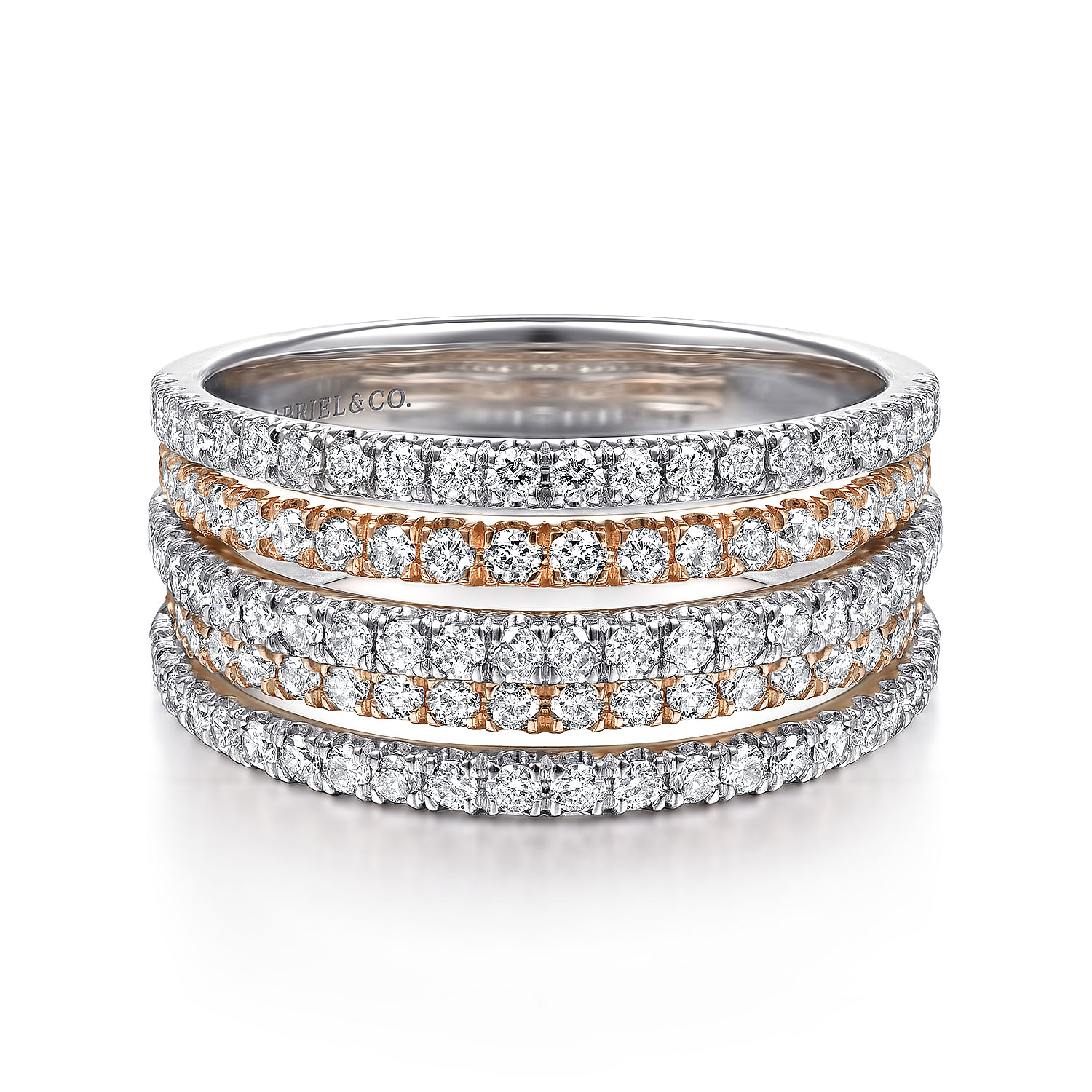 14K White-Rose Gold Layered Wide Band Diamond Ring