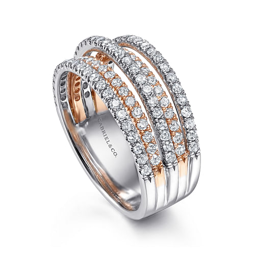 14K White-Rose Gold Layered Wide Band Diamond Ring