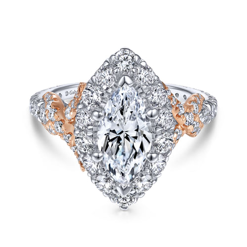 14K White-Rose Gold Marquise Halo Diamond Engagement Ring