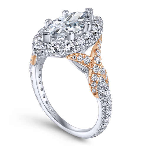 14K White-Rose Gold Marquise Halo Diamond Engagement Ring