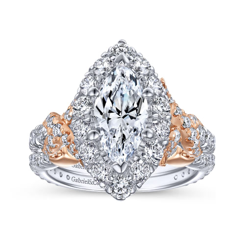 14K White-Rose Gold Marquise Halo Diamond Engagement Ring