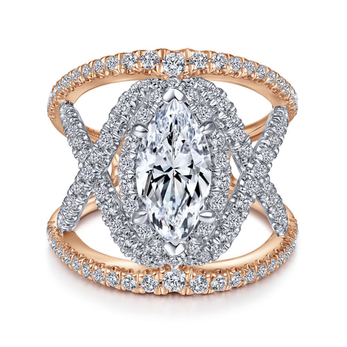 14K White-Rose Gold Marquise Halo Diamond Engagement Ring