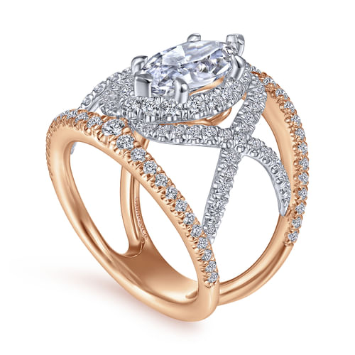 14K White-Rose Gold Marquise Halo Diamond Engagement Ring