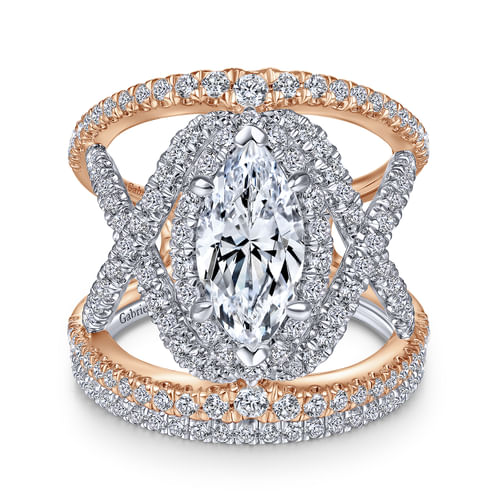 14K White-Rose Gold Marquise Halo Diamond Engagement Ring