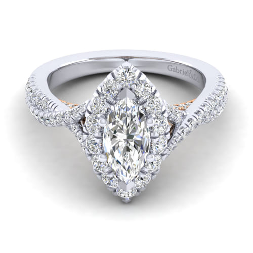 14K White-Rose Gold Marquise Halo Diamond Engagement Ring