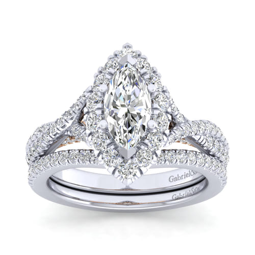 14K White-Rose Gold Marquise Halo Diamond Engagement Ring