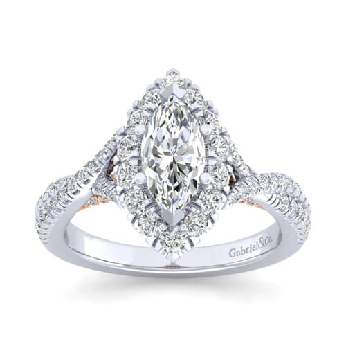 14K White-Rose Gold Marquise Halo Diamond Engagement Ring