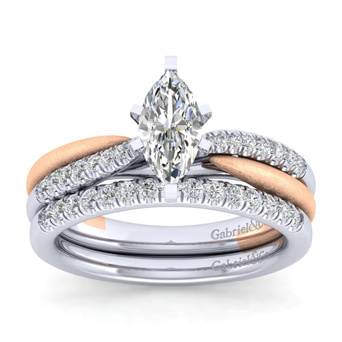 14K White-Rose Gold Marquise Shape Diamond Criss Cross Engagement Ring