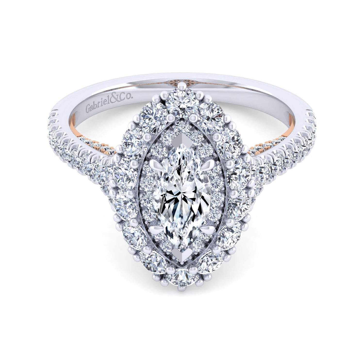 14K White-Rose Gold Marquise Shape Double Halo Diamond Engagement Ring
