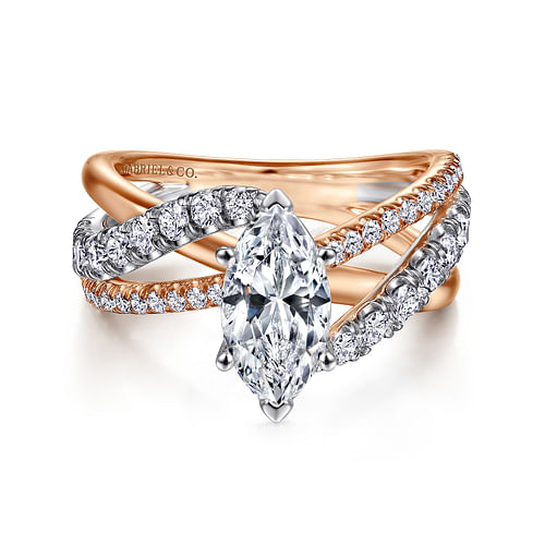 14K White-Rose Gold Marquise Shape Free Form Diamond Engagement Ring