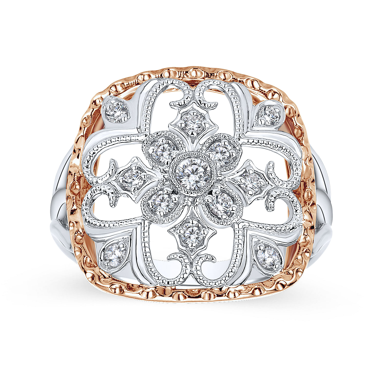 14K White-Rose Gold Openwork Quatrefoil Diamond Ring