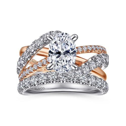 14K White-Rose Gold Oval Diamond Free Form Engagement Ring