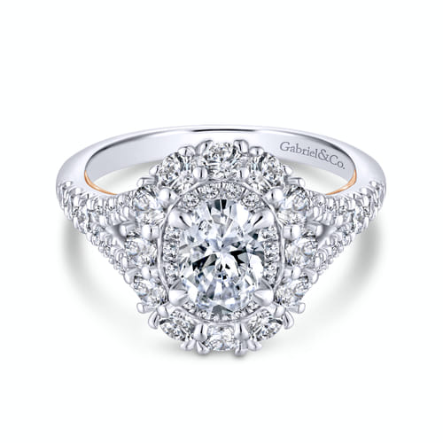 14K White-Rose Gold Oval Double Halo Diamond Engagement Ring